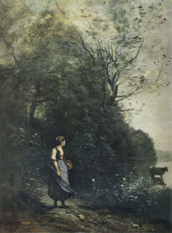 Jean Baptiste Camille  Corot Landscape with a peasant Girl grazing a Cow at the Edge of a Forest oil painting picture